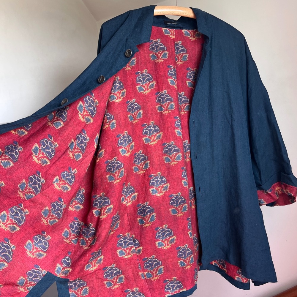 Eskandar Linen Jacket Blue Persian Floral Lined Button Front Mandarin Coat XL
